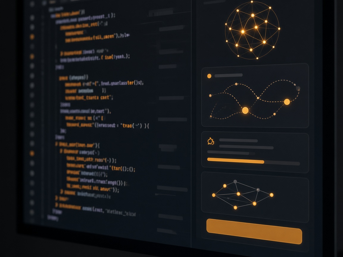 Close view of a dark editor with an abstract review panel