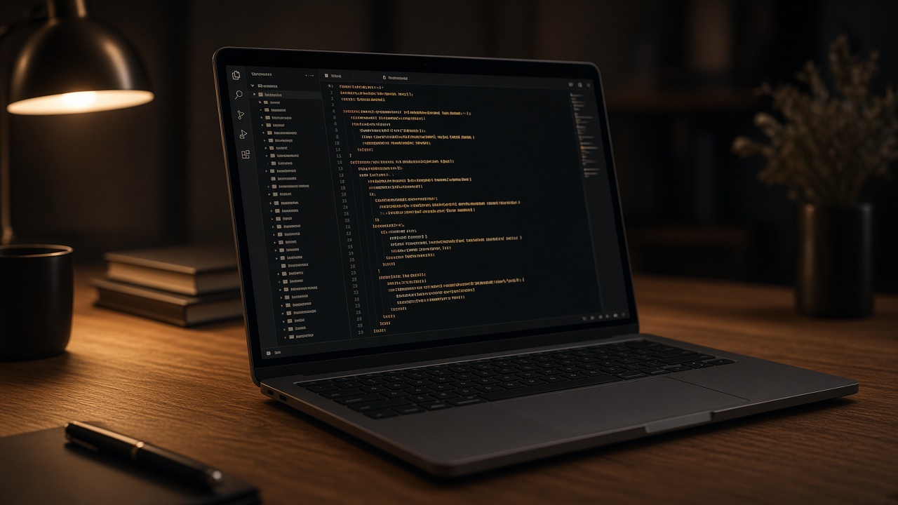 A quiet desk at night with a laptop open to a dark code editor